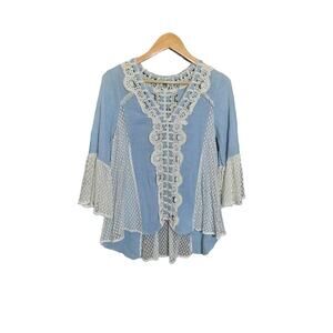 Ryu Womens Chambray Boho Bell Sleeve Lace Tunic Size S